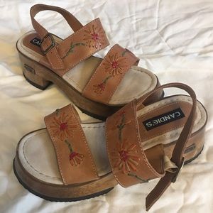 90s Candies Wood Platform Sandals Brown Floral 8